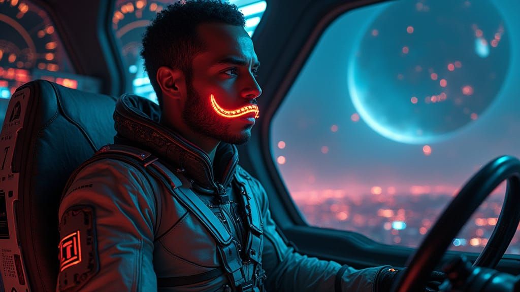 Cybernetic Pilot in Neon Starship Cockpit