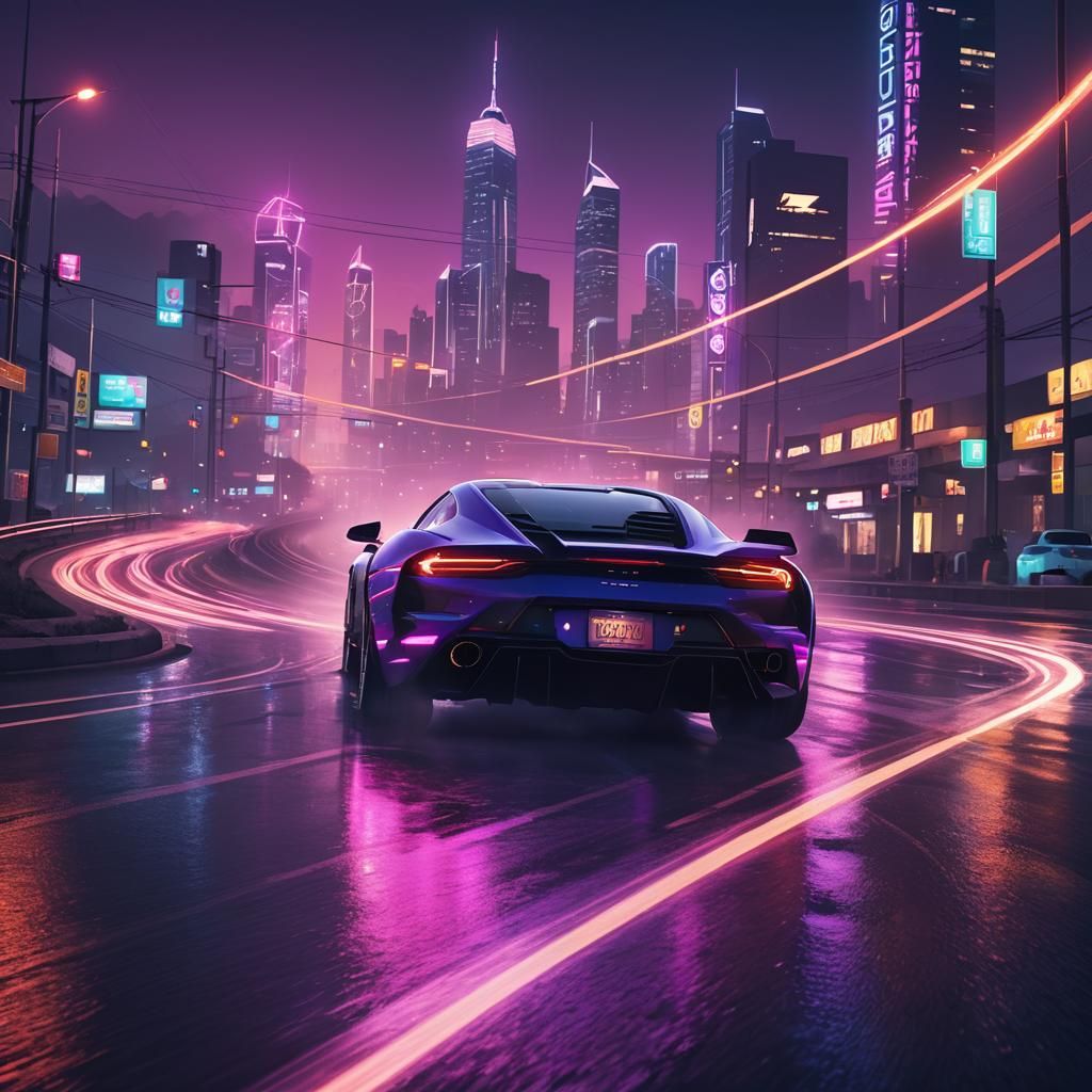 Futuristic Sports Car Speeds Down Neon Highway