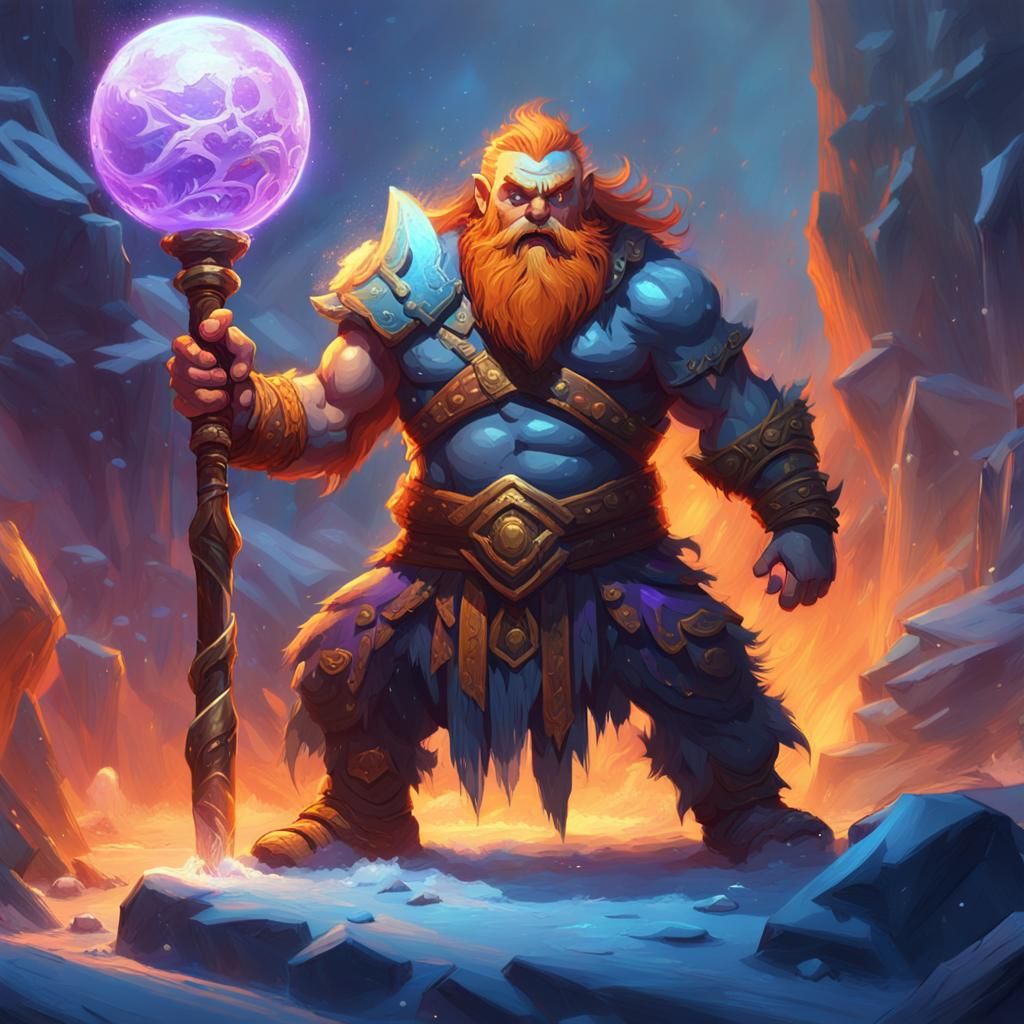 Dwarf Barbarian Wielding Staff in Fantasy Landscape