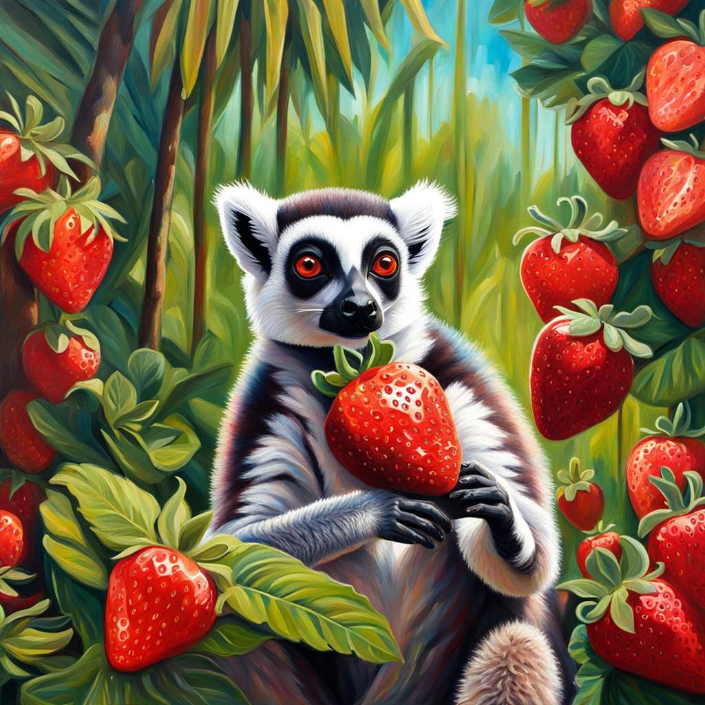 Ring-Tailed Lemur Finds Strawberry: Oil on Canvas