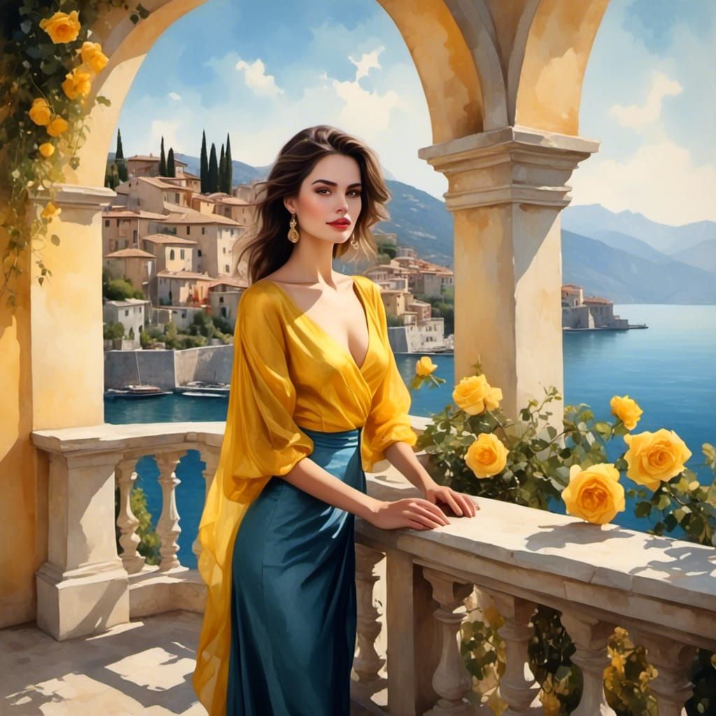 Garda Lake View: Woman on Terrace in Watercolor Style