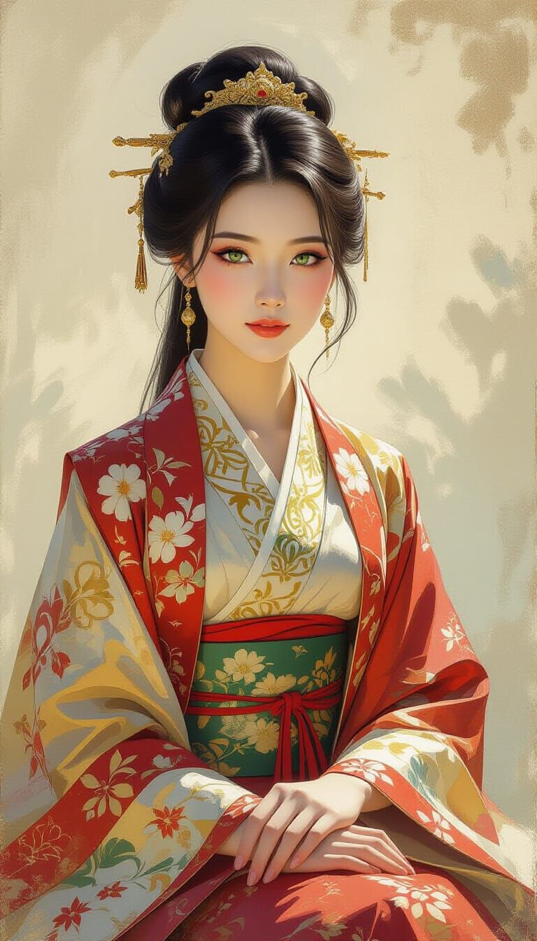 Impressionist Portrait of Asian Princess in Silk Robes