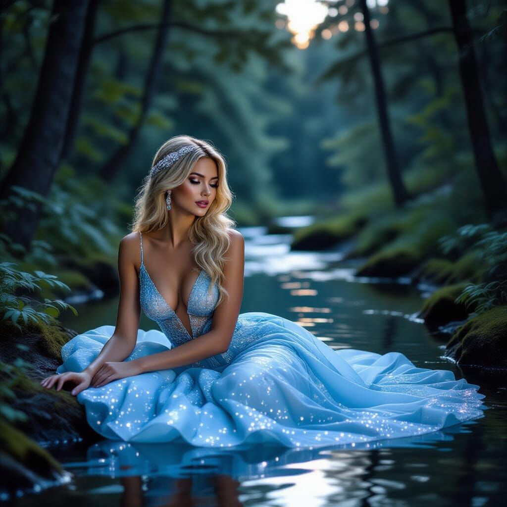 Blonde Woman in Sapphire Gown by Forest Stream at Twilight