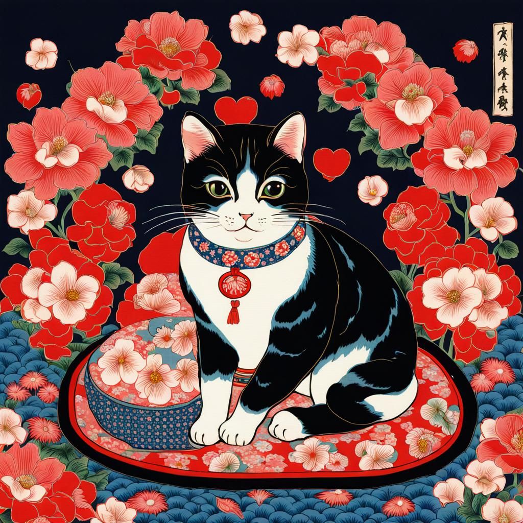 Ukiyo-e Cat Surrounded by Flowers and Hearts