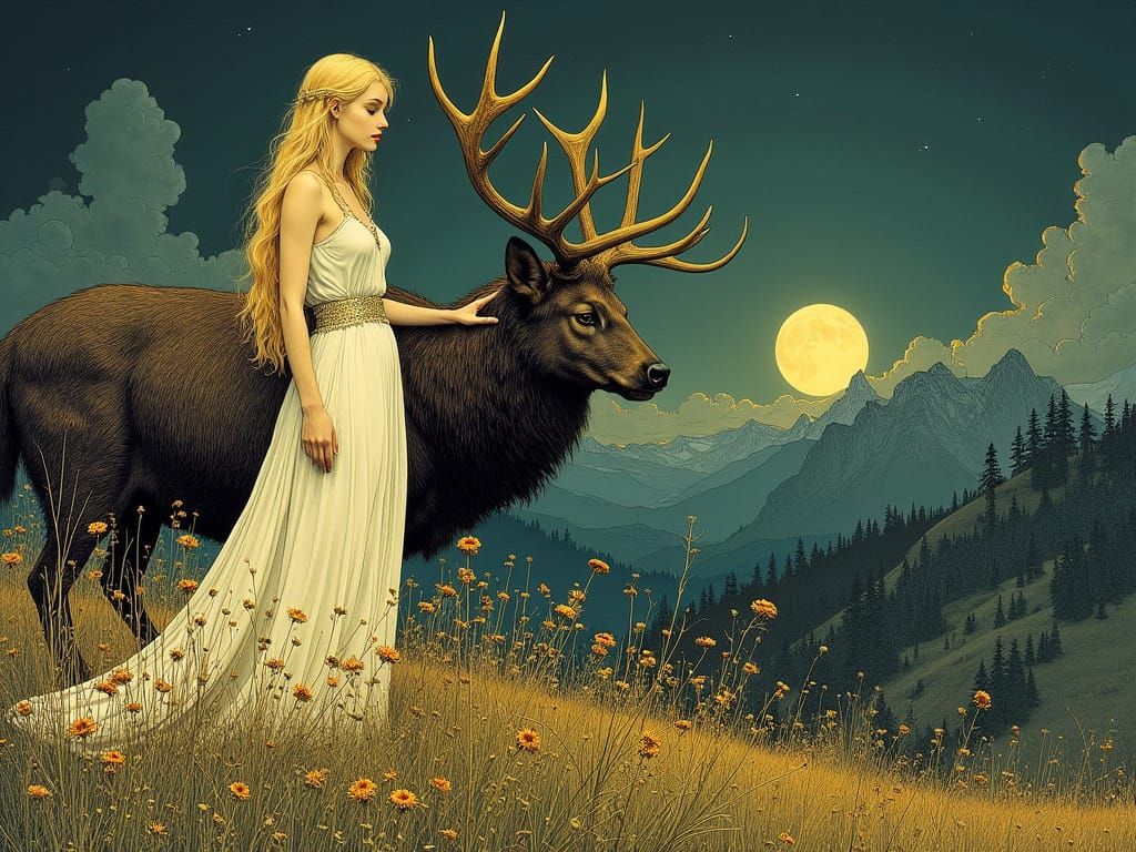 Mythic Antlered Woman in Dark Alpine Meadow
