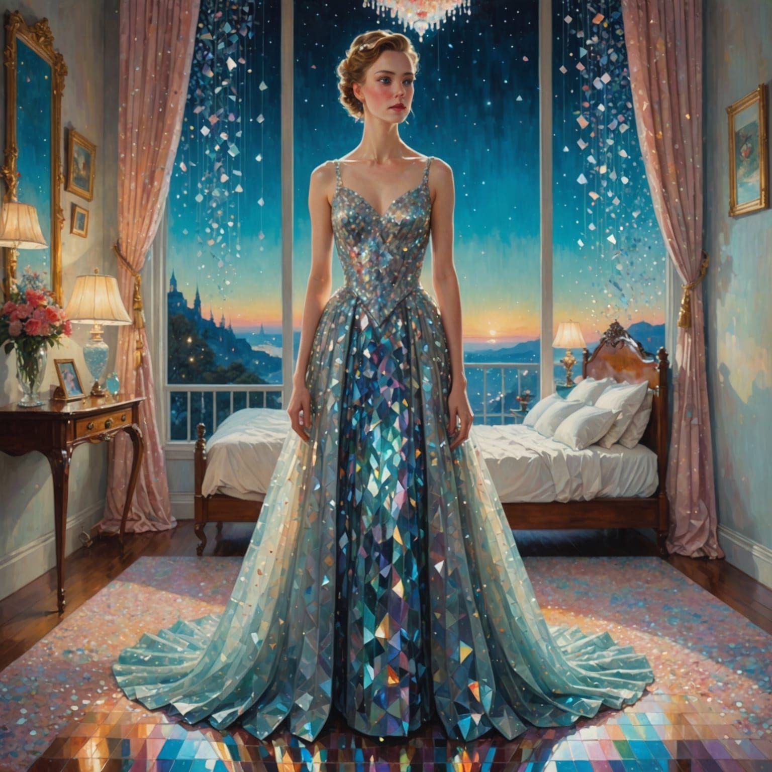 Elegant Woman in Glass Prism Gown in Opulent Bedroom