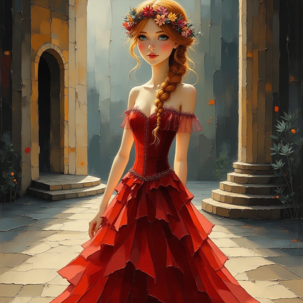 Princess in Red Gown with Flower Crown