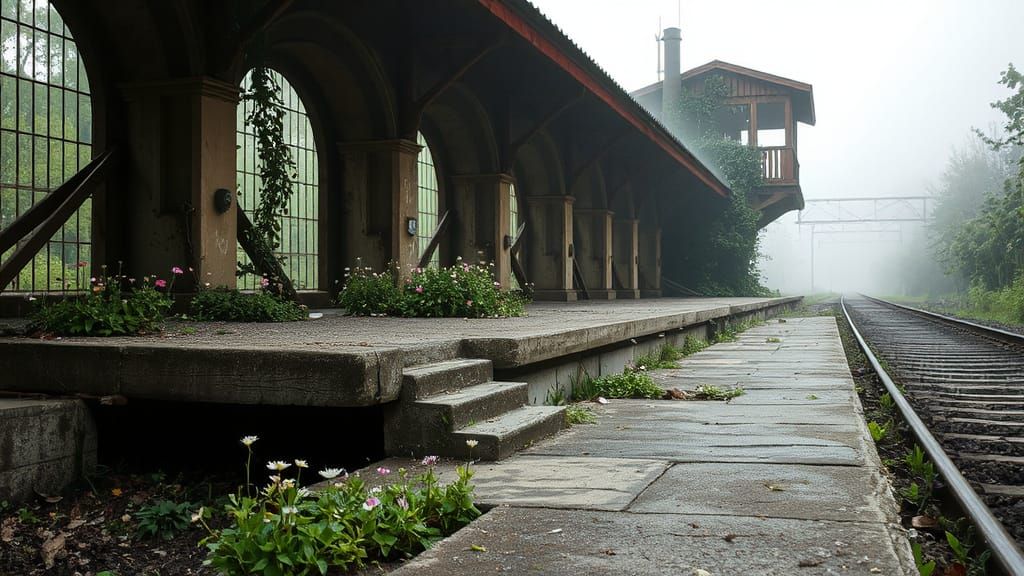 Nature Reclaims Abandoned Railway Station with Foggy Atmosph...