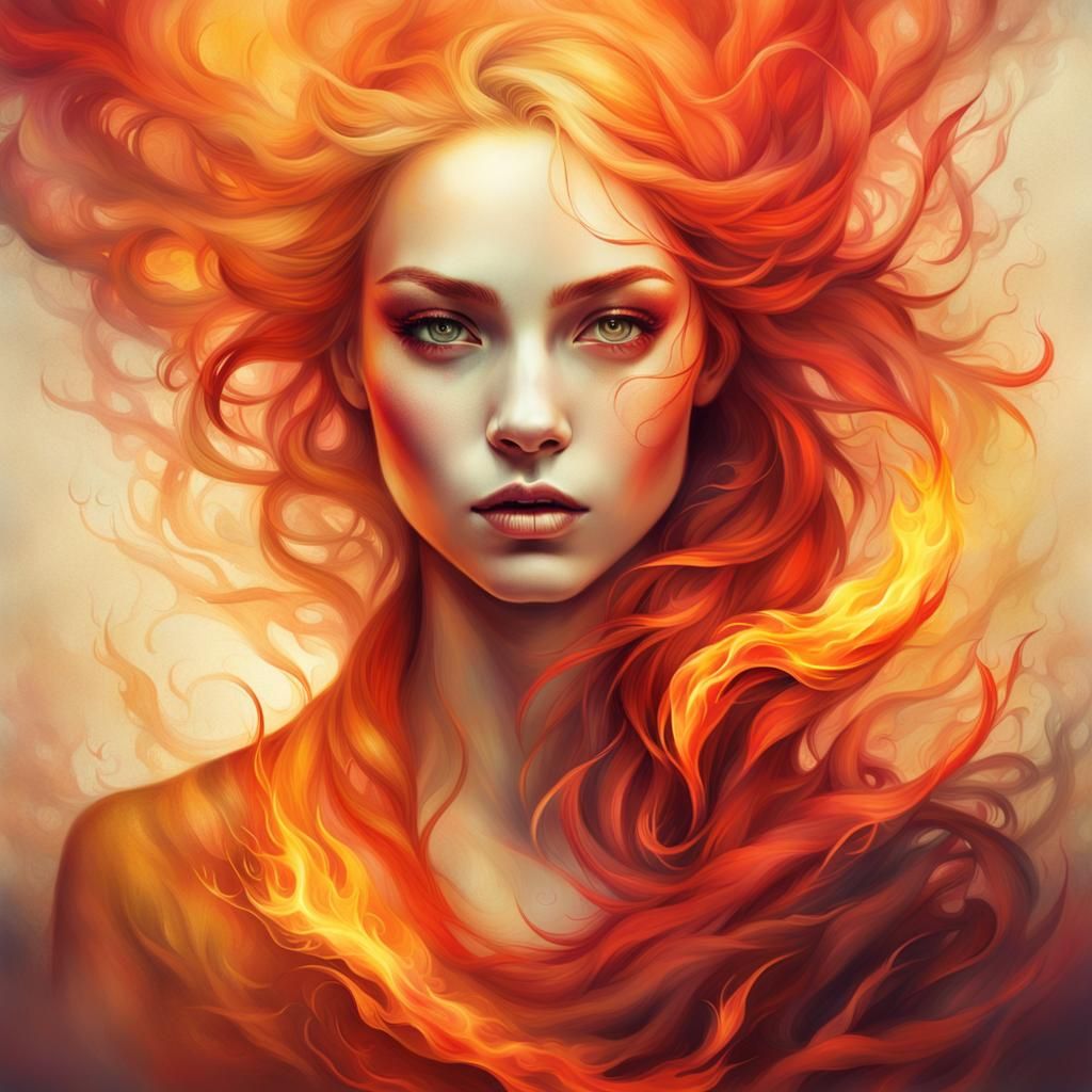 Portrait of a Beautiful Woman Embraced by Flames. AI image p...