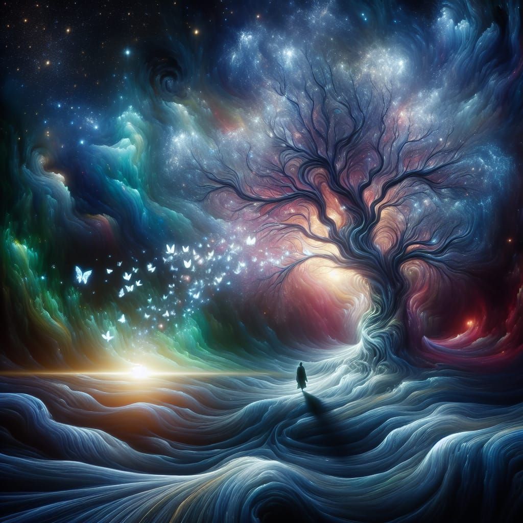 Surreal Dreamscape with Twisted Tree of Life and Sparkling B...