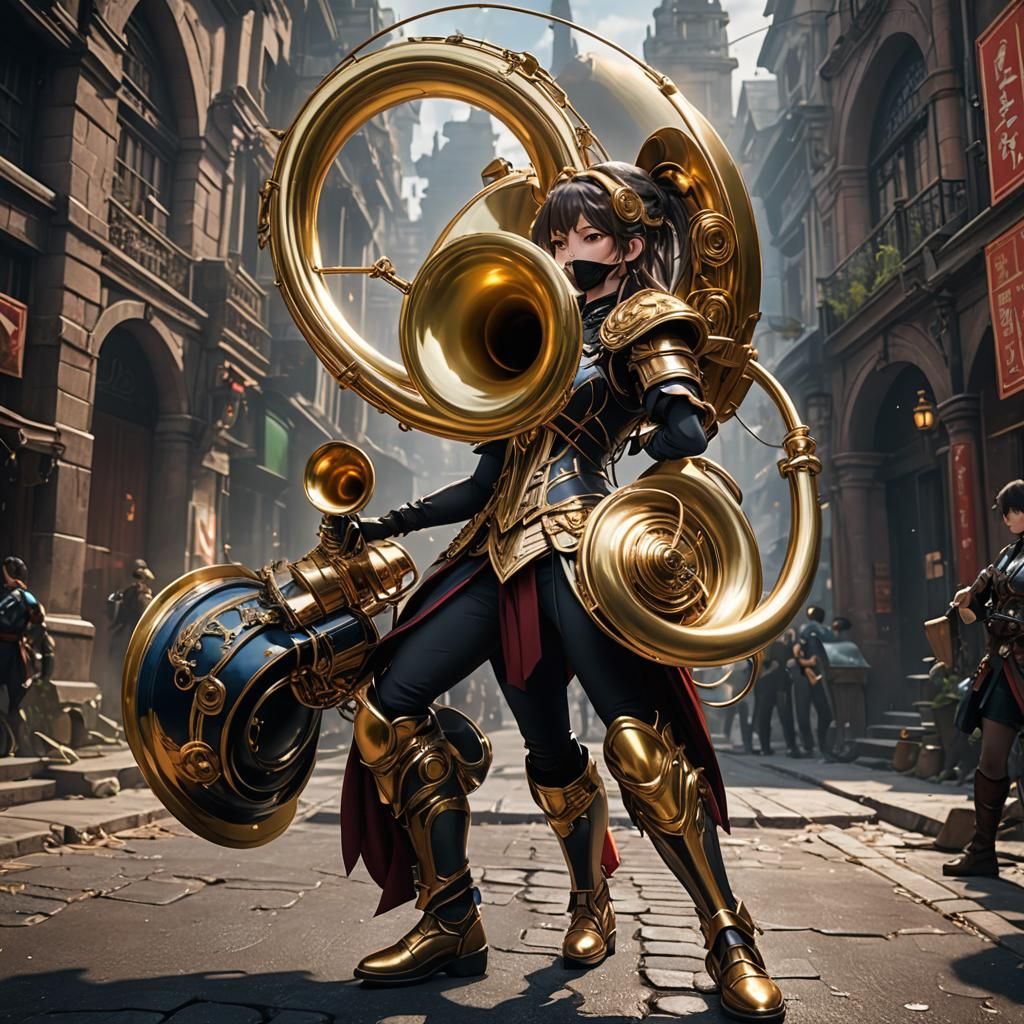 Anime Girl Armored, Playing Sousaphone Weapon: Detailed Art
