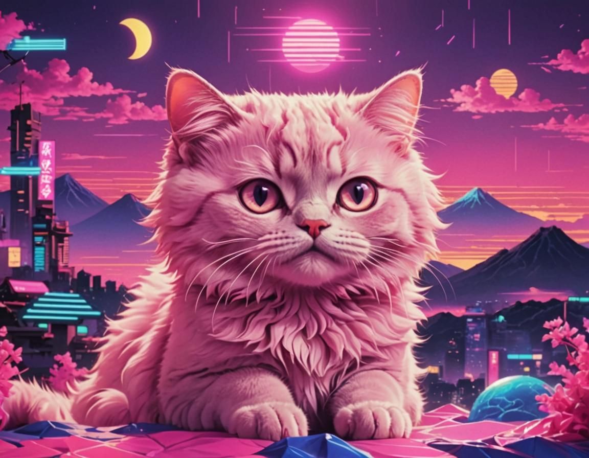 Synthwave Vaporwave Cat with Japanese Subtitles