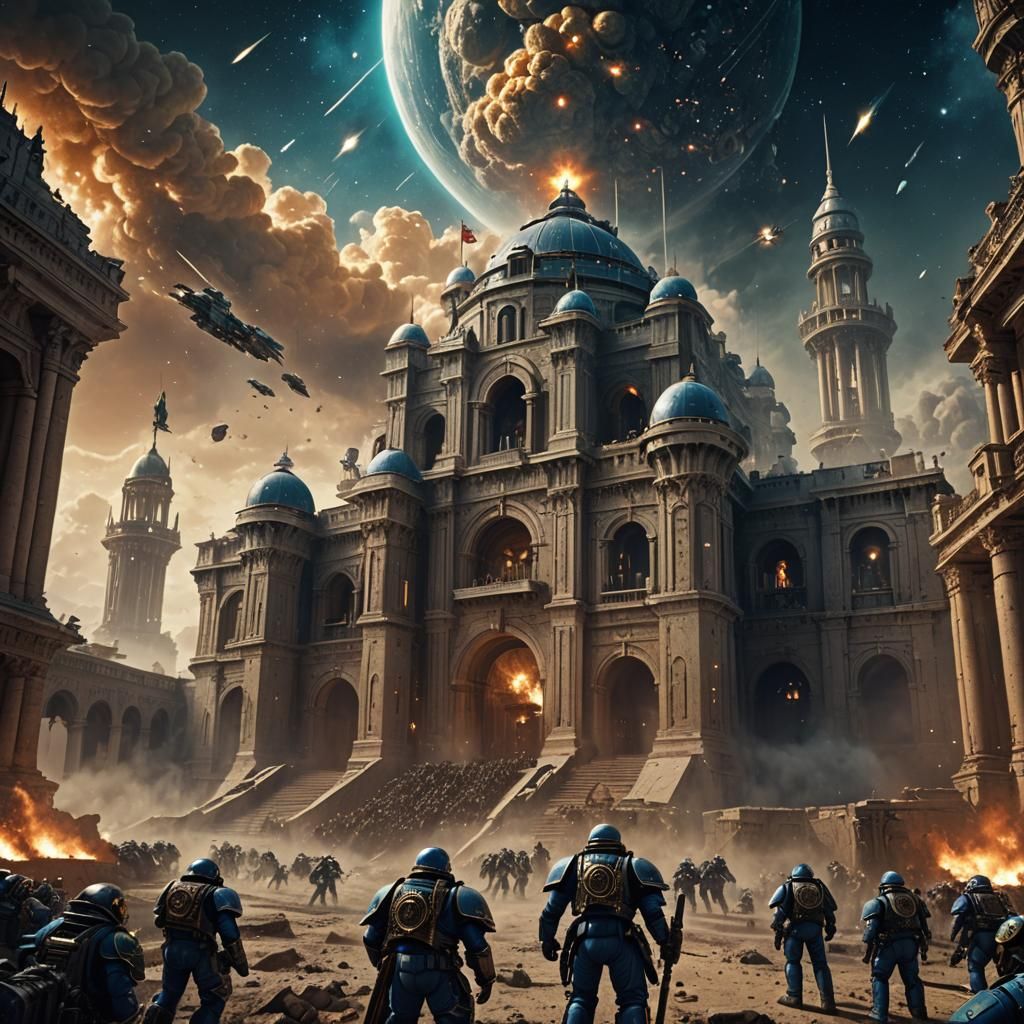 Space Marines Defend Palace in Dramatic Digital Painting