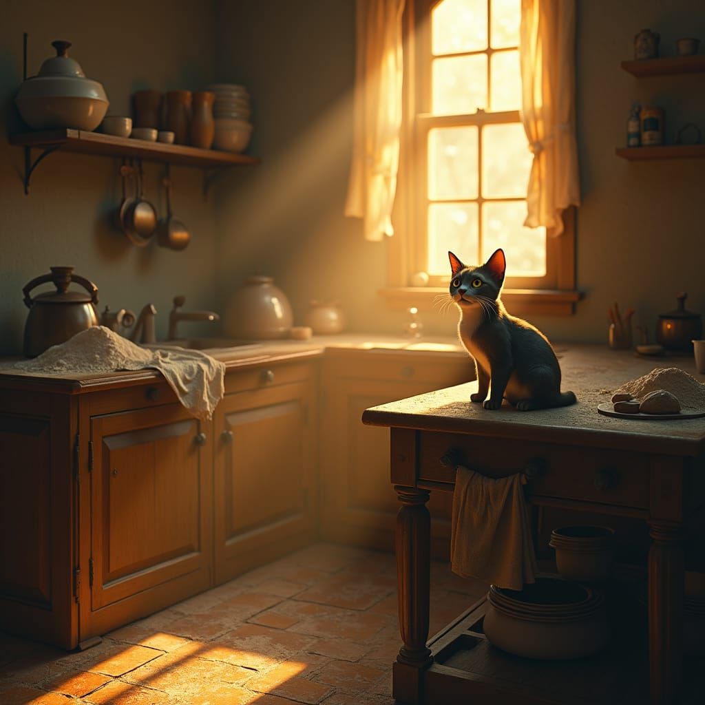 Mystical Kitchen Cat in Matte Painting Style
