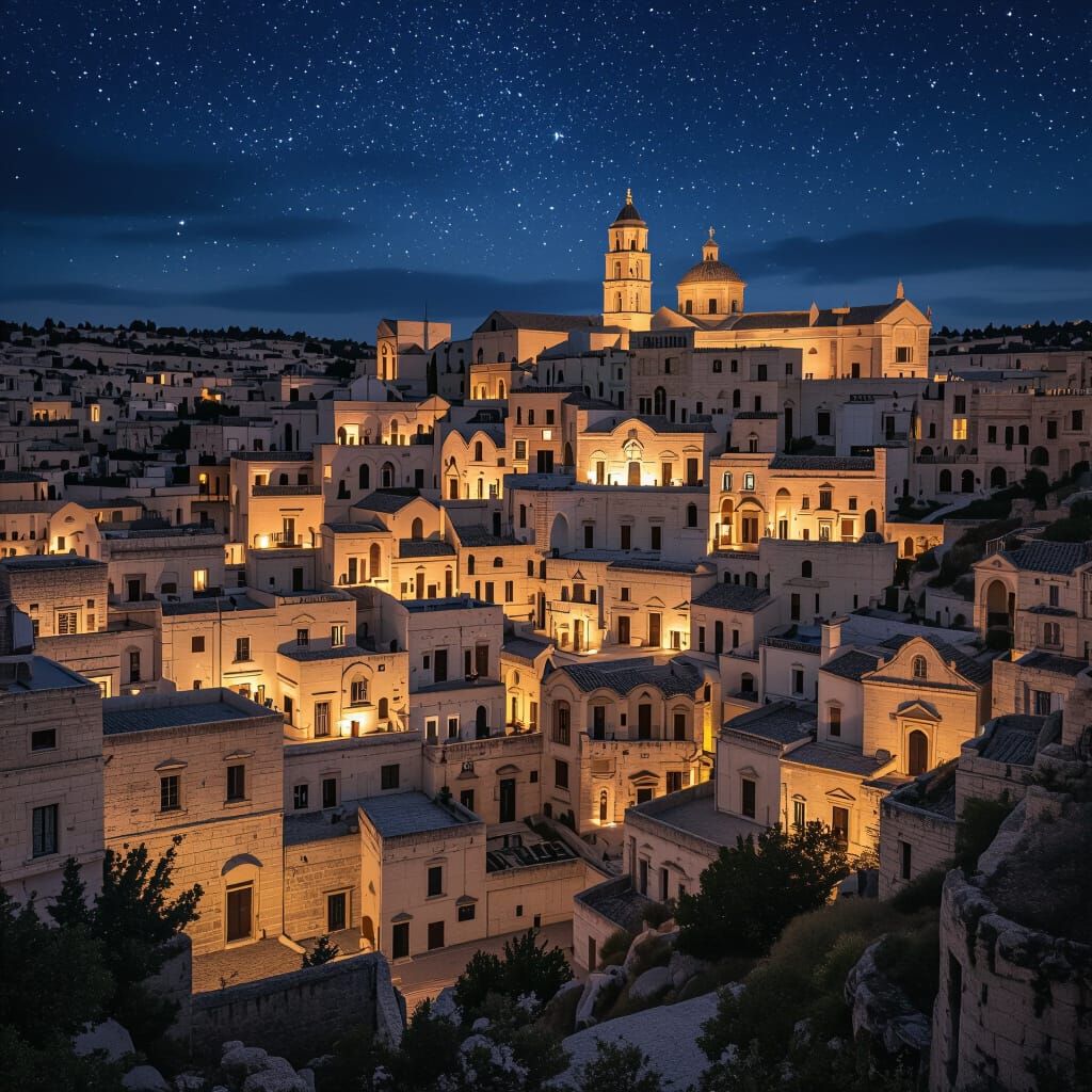 Matera Sassi at Night: Ancient Cave Dwellings Under Starry L...