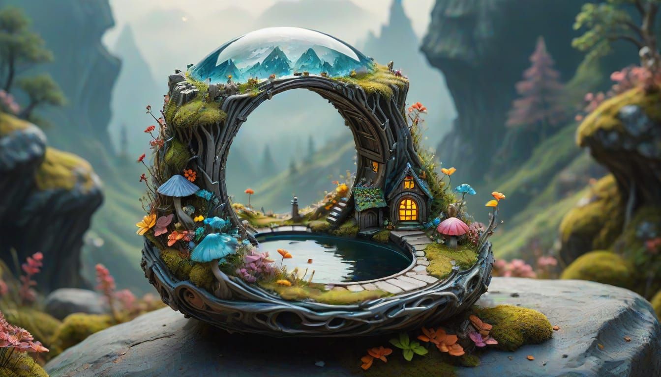 Ethereal Fairy Village Landscape in Intricate Resin Ring