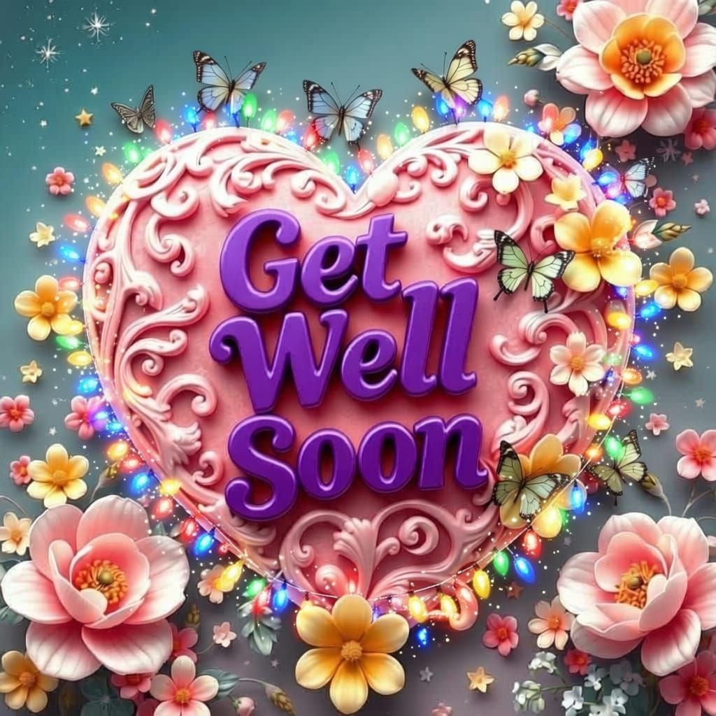 Get Well Soon Heart with Flowers in Whimsical Style