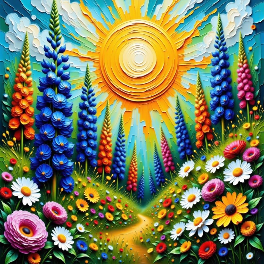 Vibrant Impasto Garden Painting of Flowers Under Golden Sun