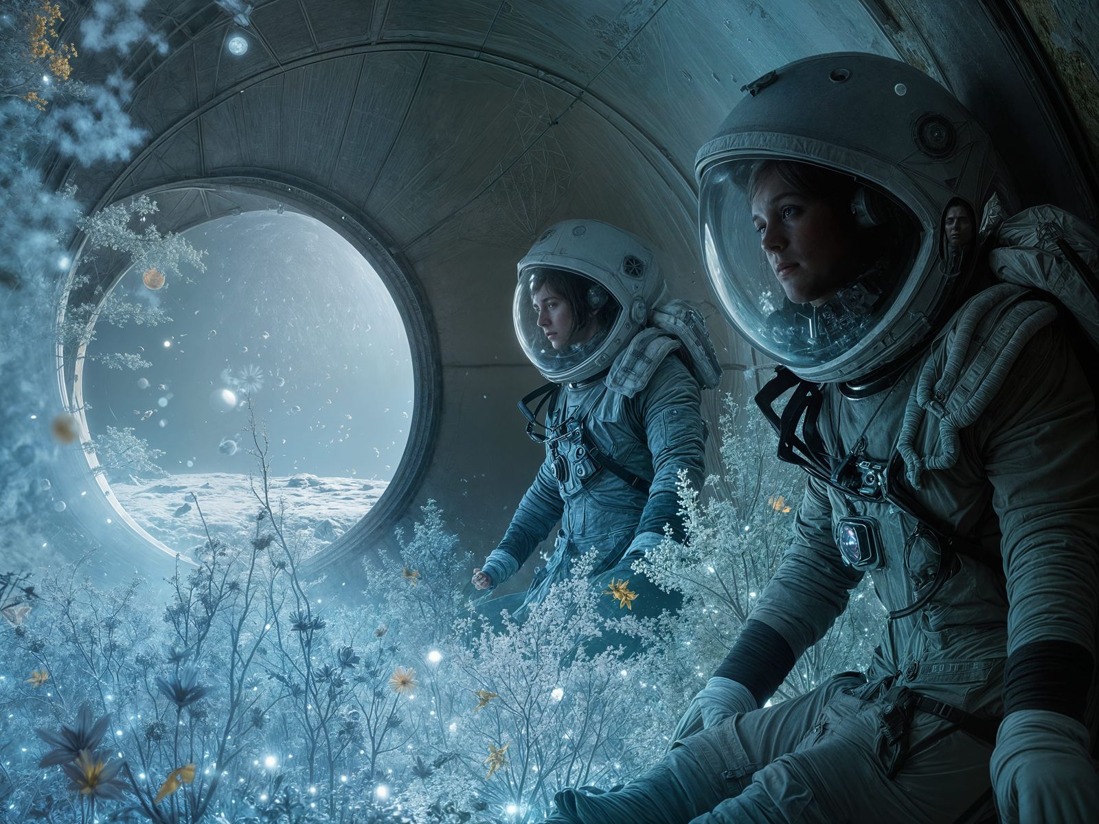 Astronauts Tend to Vibrant Flowers in Lunar Geodesic Dome