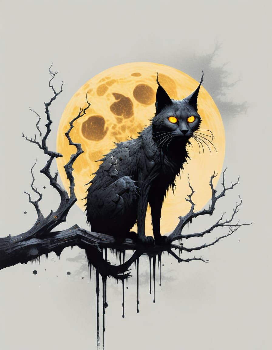 A sleek, elongated Shadow Lynx scrawny, cat, thin, with extremely long lean legs, with a wiry, dripping, inky black coat...