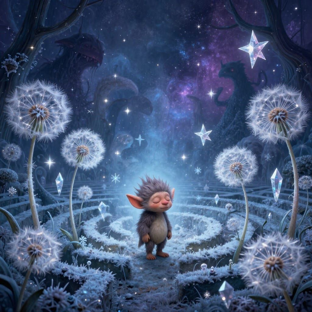 Whimsical Troll Wanders Ethereal Dandelion Maze