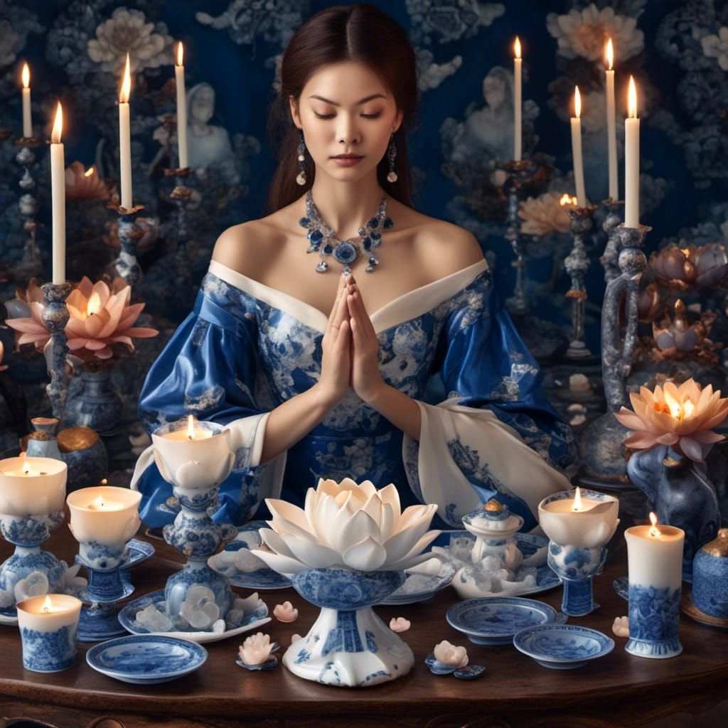 Blue Porcelain Woman in Prayer with Lotus Flowers