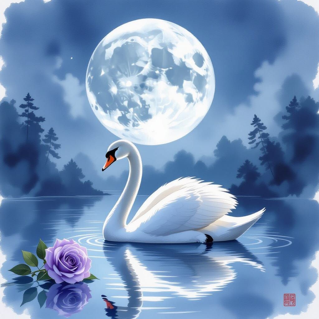 Majestic Swan Under Sapphire Moon, Japanese Ink Wash Style