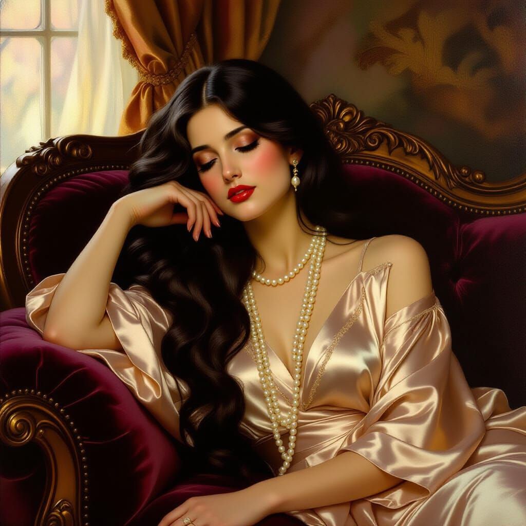 Pre-Raphaelite Woman with Pearls on Velvet Lounge