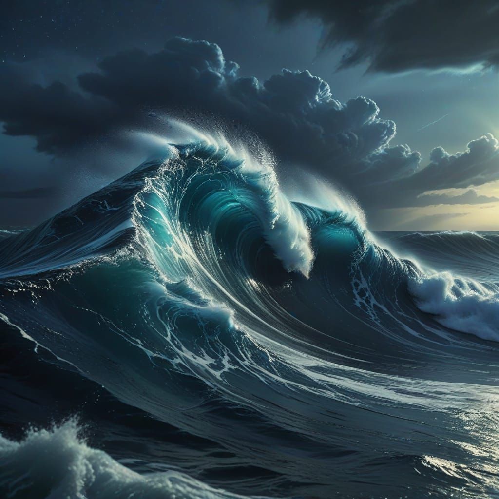 Enormous Ocean Waves in Azure and Navy Storm