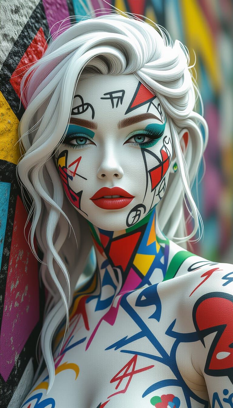 Woman Covered in Vibrant Graffiti Art, Dynamic Pose
