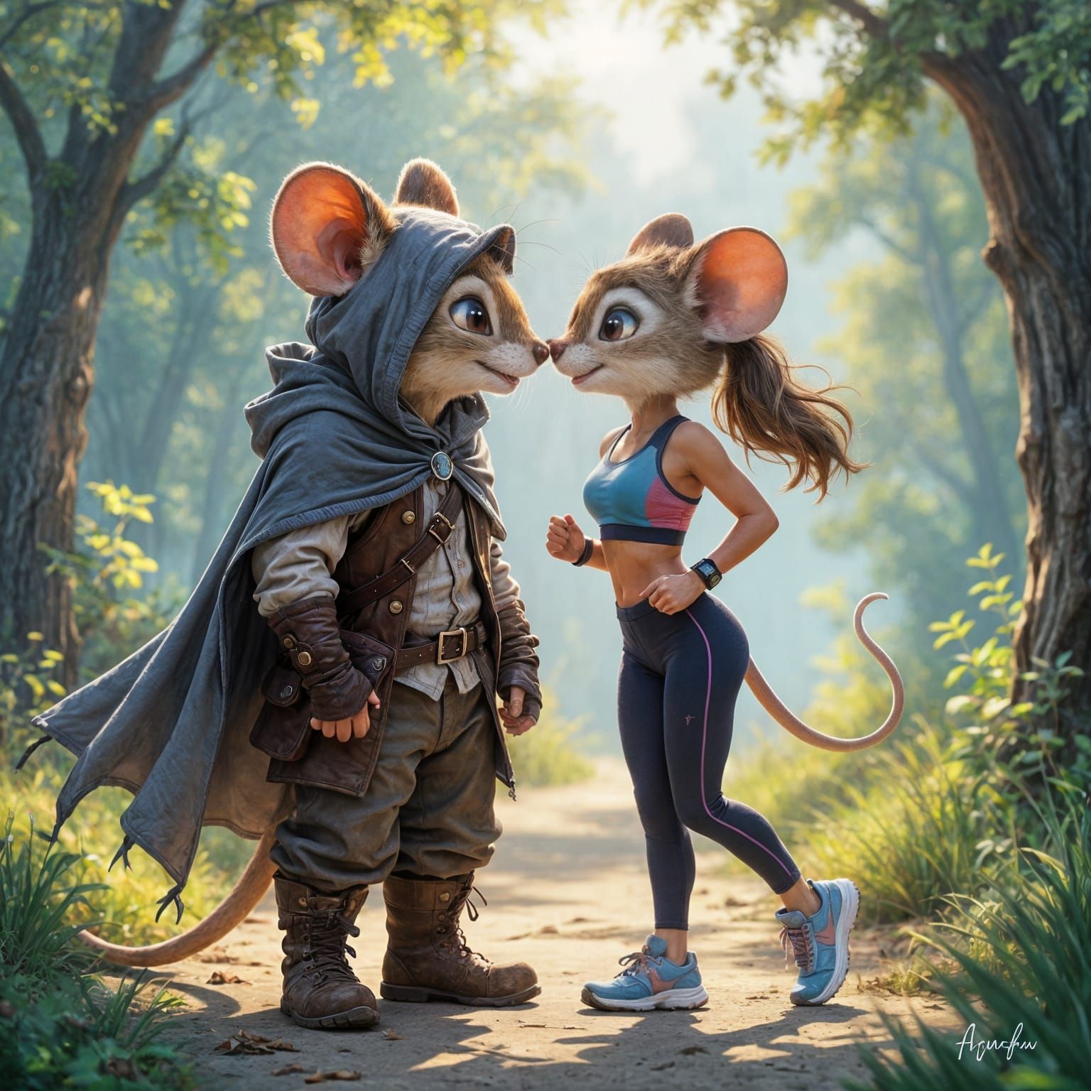 Anthropomorphic Mice Kiss in Ethereal Fantasy