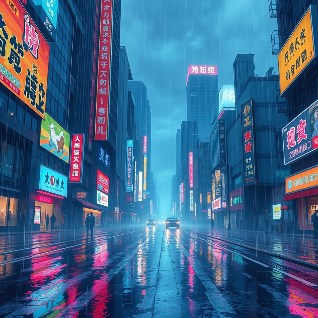 Vibrant Cityscape at Dusk in Anime Style