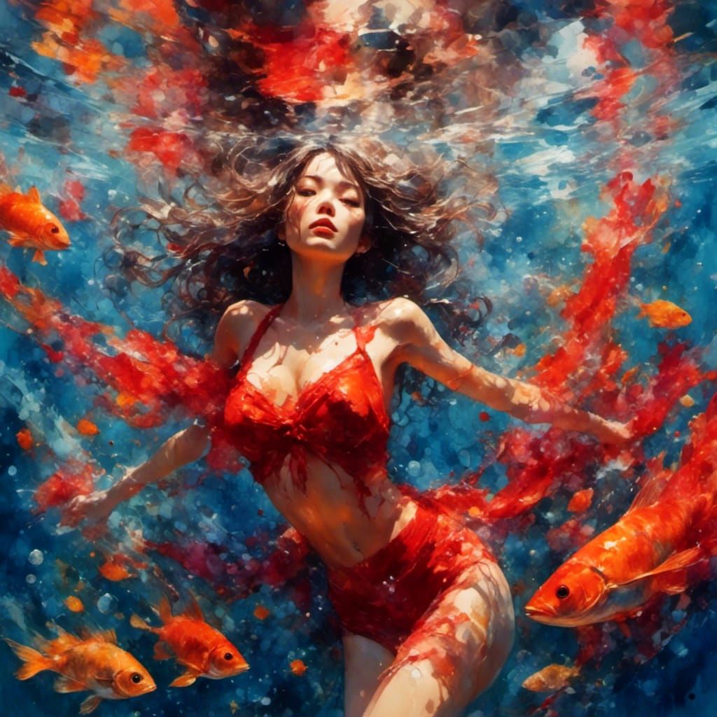 Woman Diving in Clear Ocean: Hyperrealistic Oil Painting