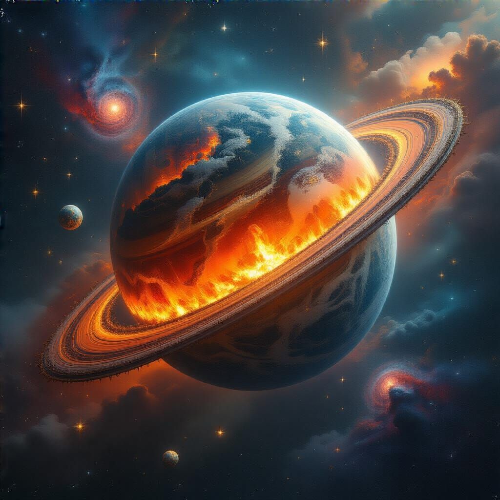 Fiery Snow Planet in Space, Art Nouveau Rococo Style