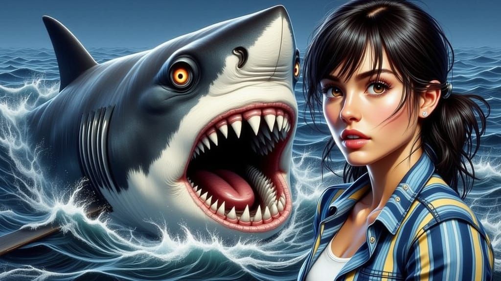 use the composition, clothing and facial expressions from the second start image. replace the man with the female from t...