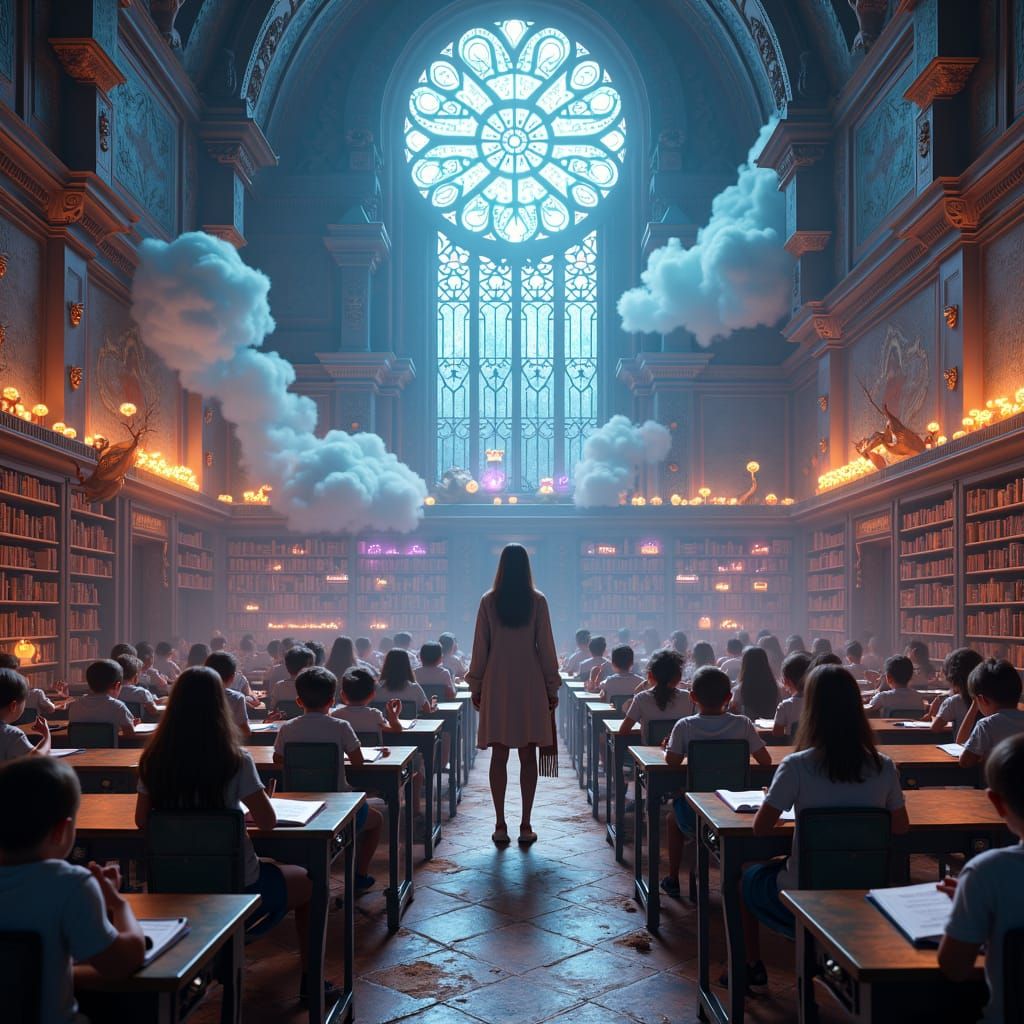 Magical Classroom Scene in Industrial Fantasy Style