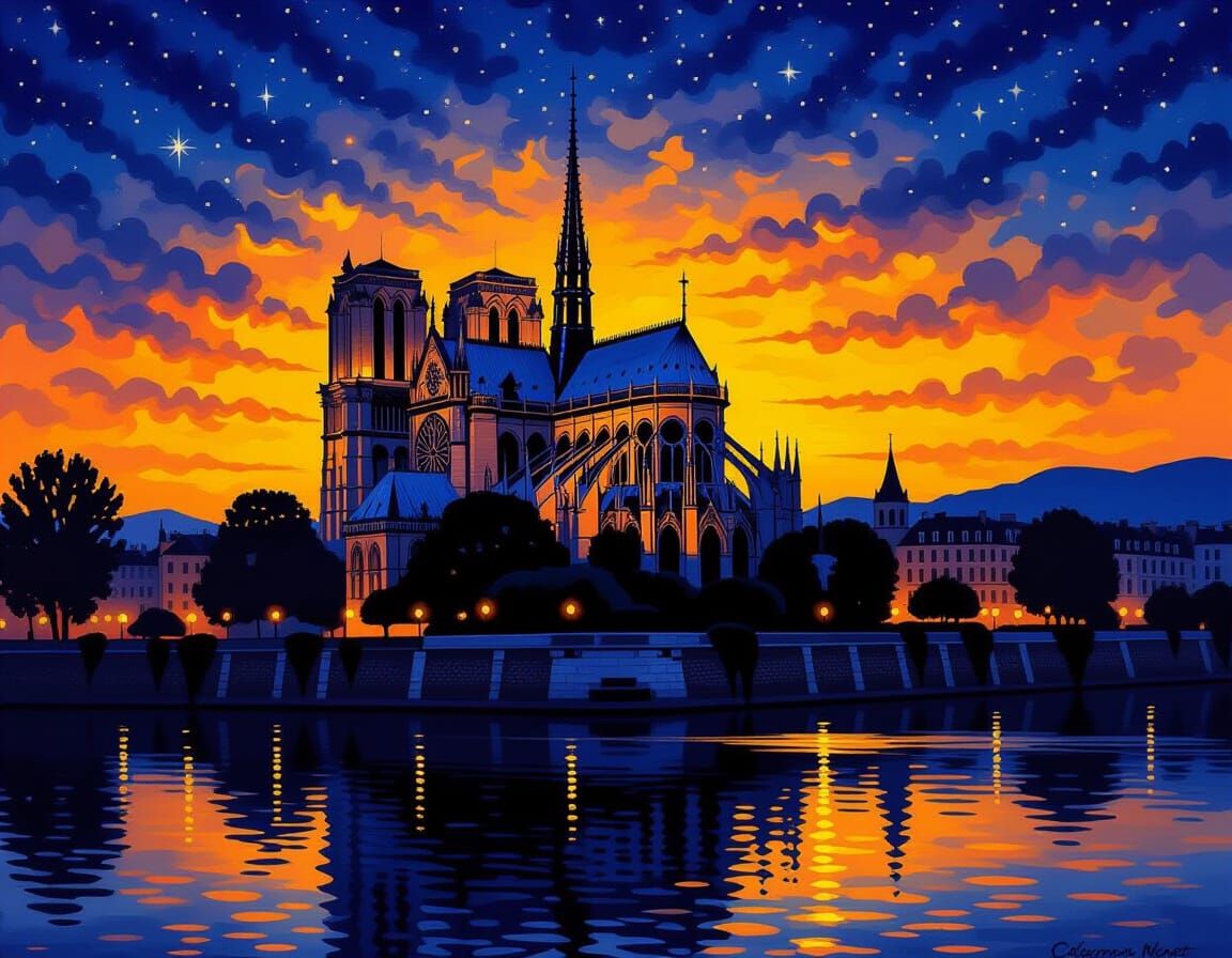 Gothic Cathedral Bathed in Orange Light: Impressionism