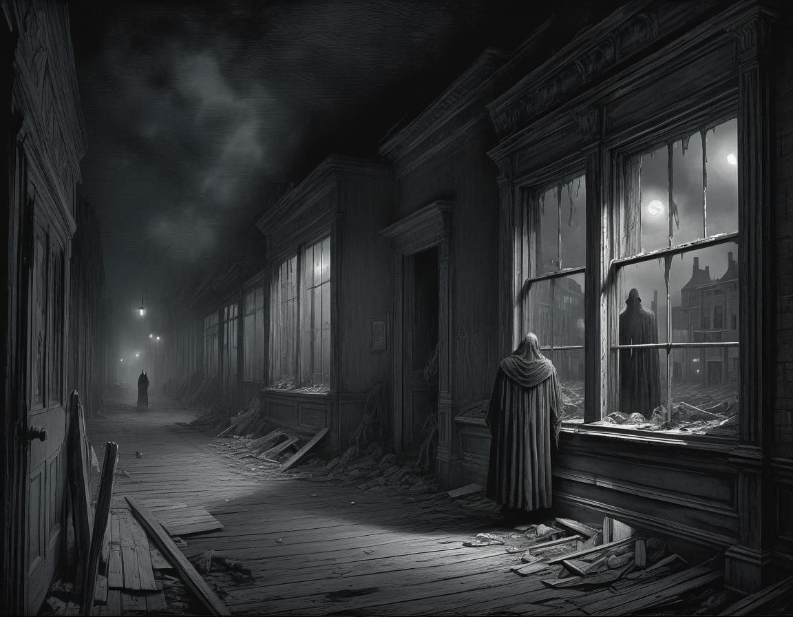 Eerie Ghost Town with Lost Souls in Horror Style