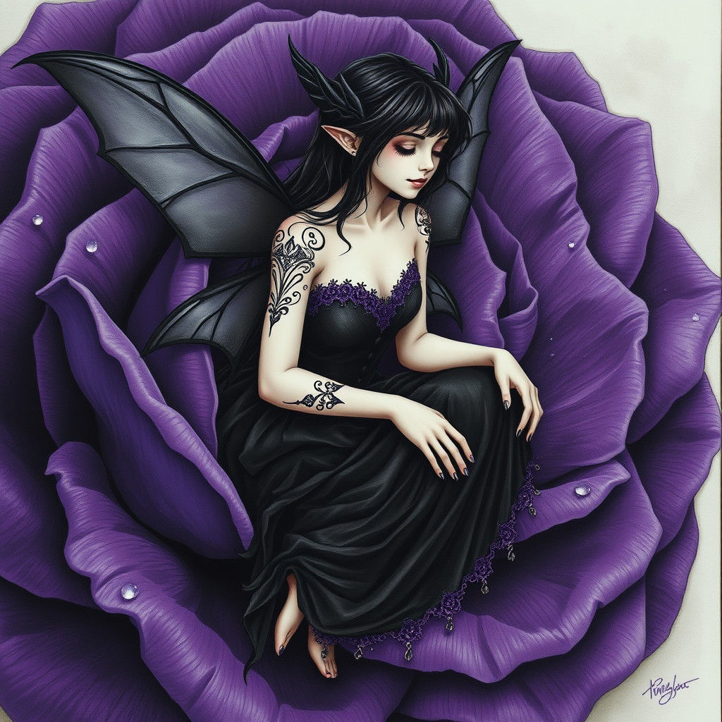 Goth Fairy on Rose Throne, Charcoal Art