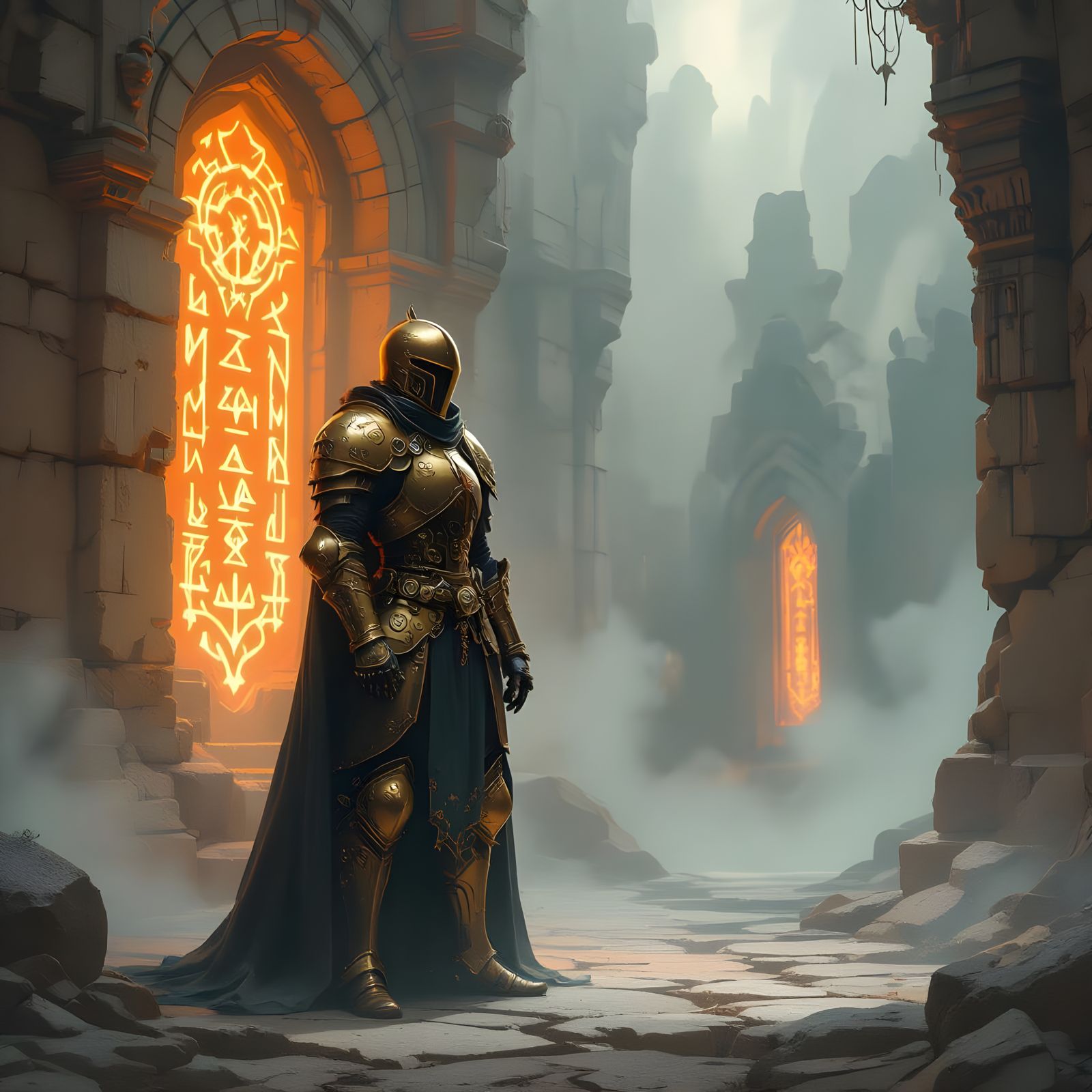 Steampunk Knight Guards Time-Warped Arena with Glowing Runes