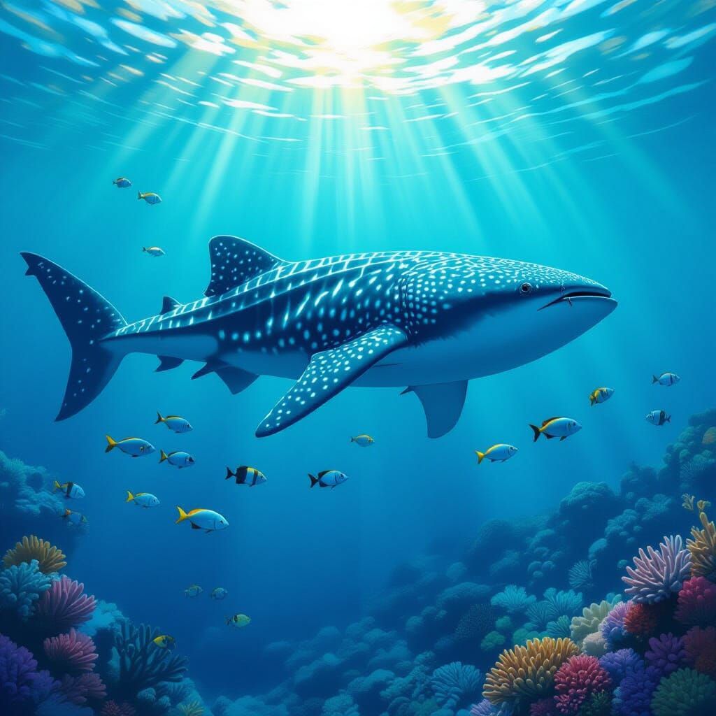 Whale Shark in Sunlit Coral Reef, Oceanic Landscape