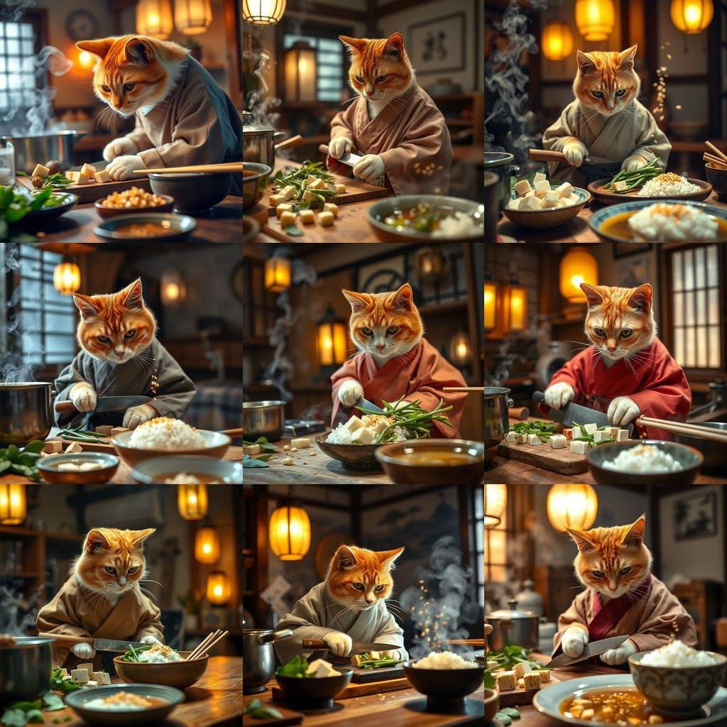 Cozy Kitchen Scene with Determined Cat in Traditional Chef's...