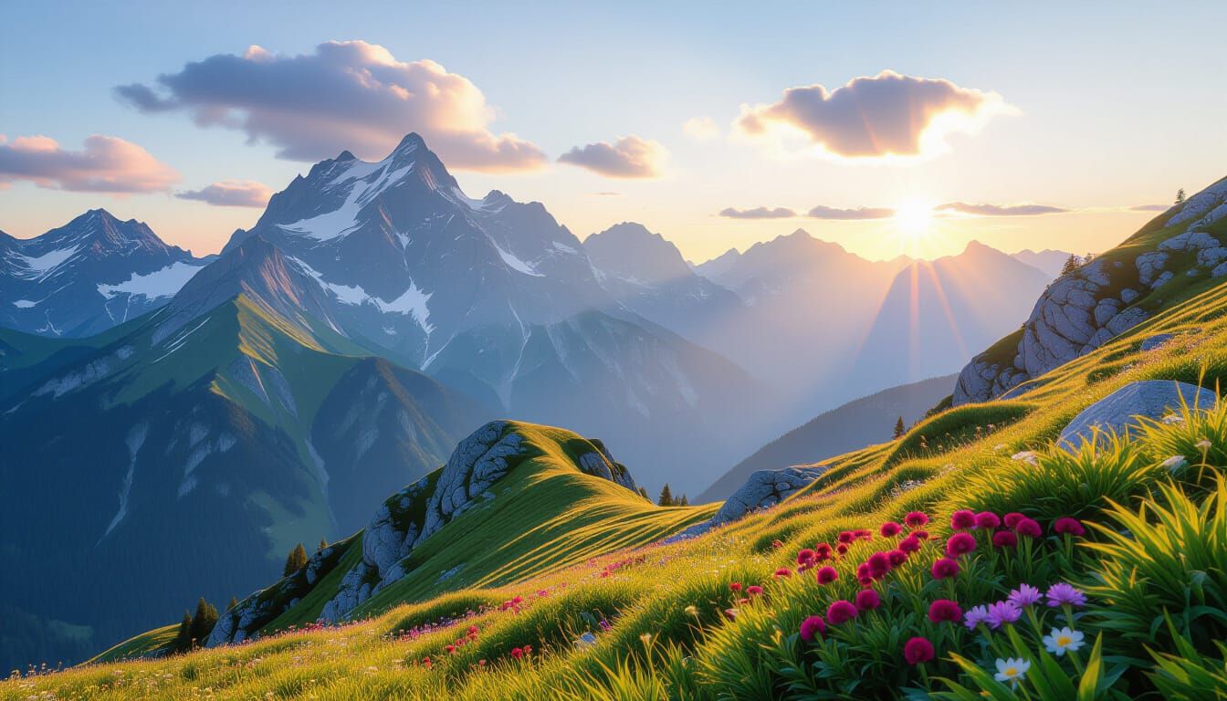 Mountain Giants at Dawn: Photorealistic Oil Painting