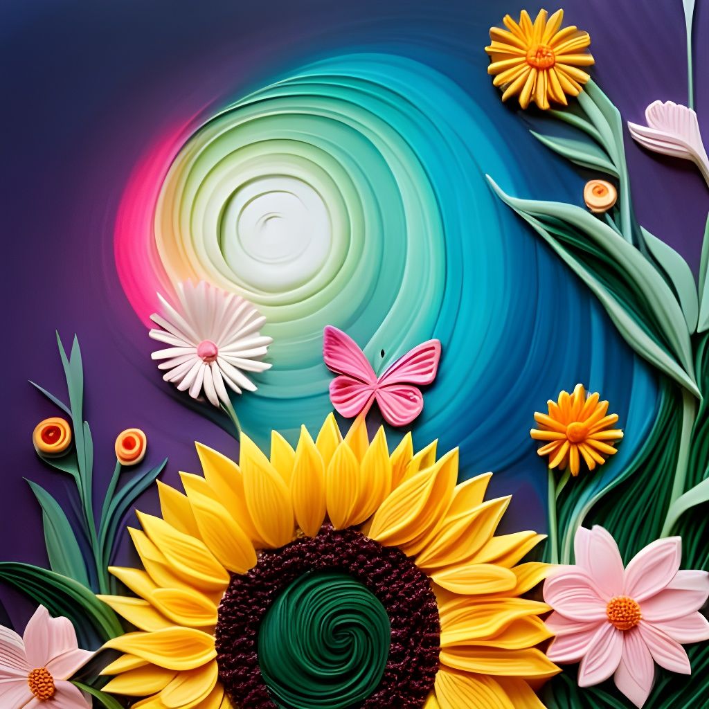 Pink Butterflies and Sunflowers in Paper Quilling Art