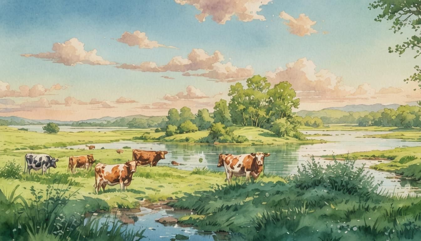 Cows in Meadow: Watercolor Comic Book Art