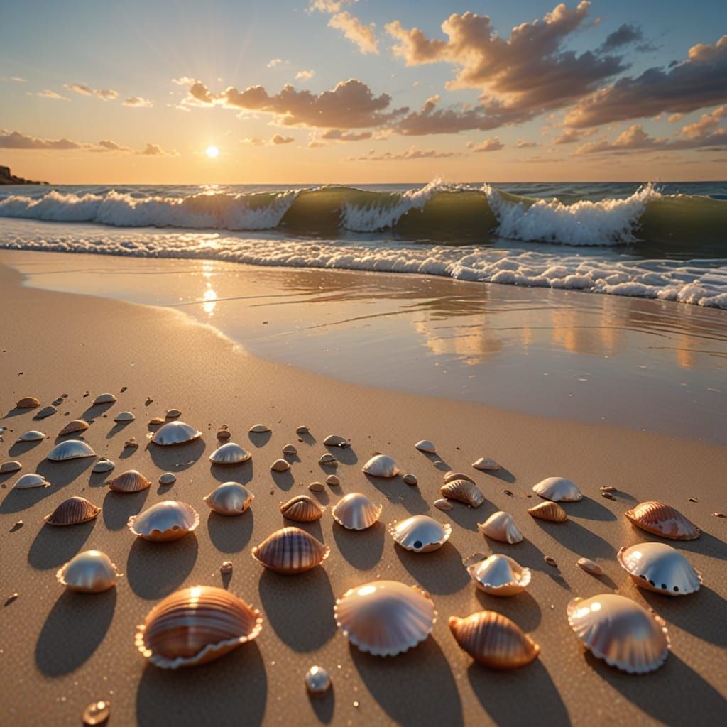 Hyper-Realistic Beach Scene with Glowing Shells
