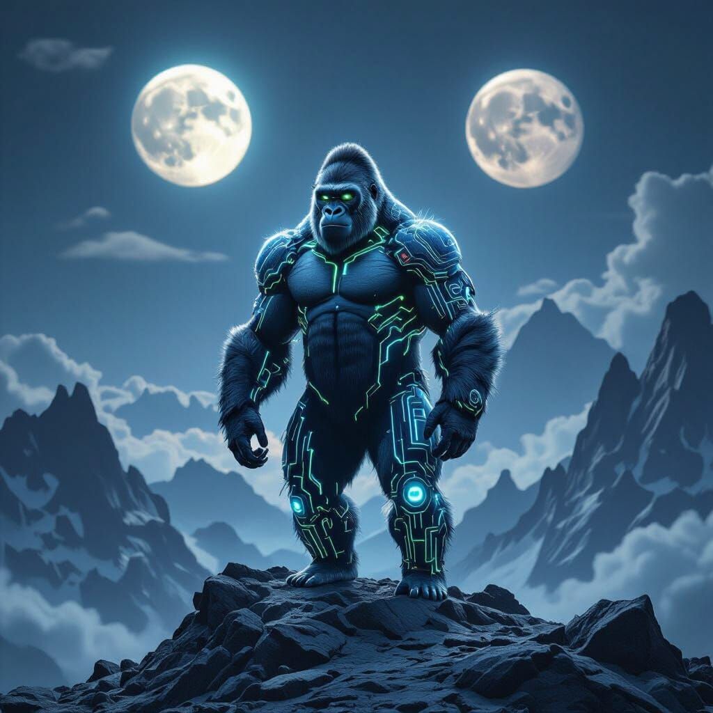 A solitary gorilla, adorned with intricate bio-luminescent c...