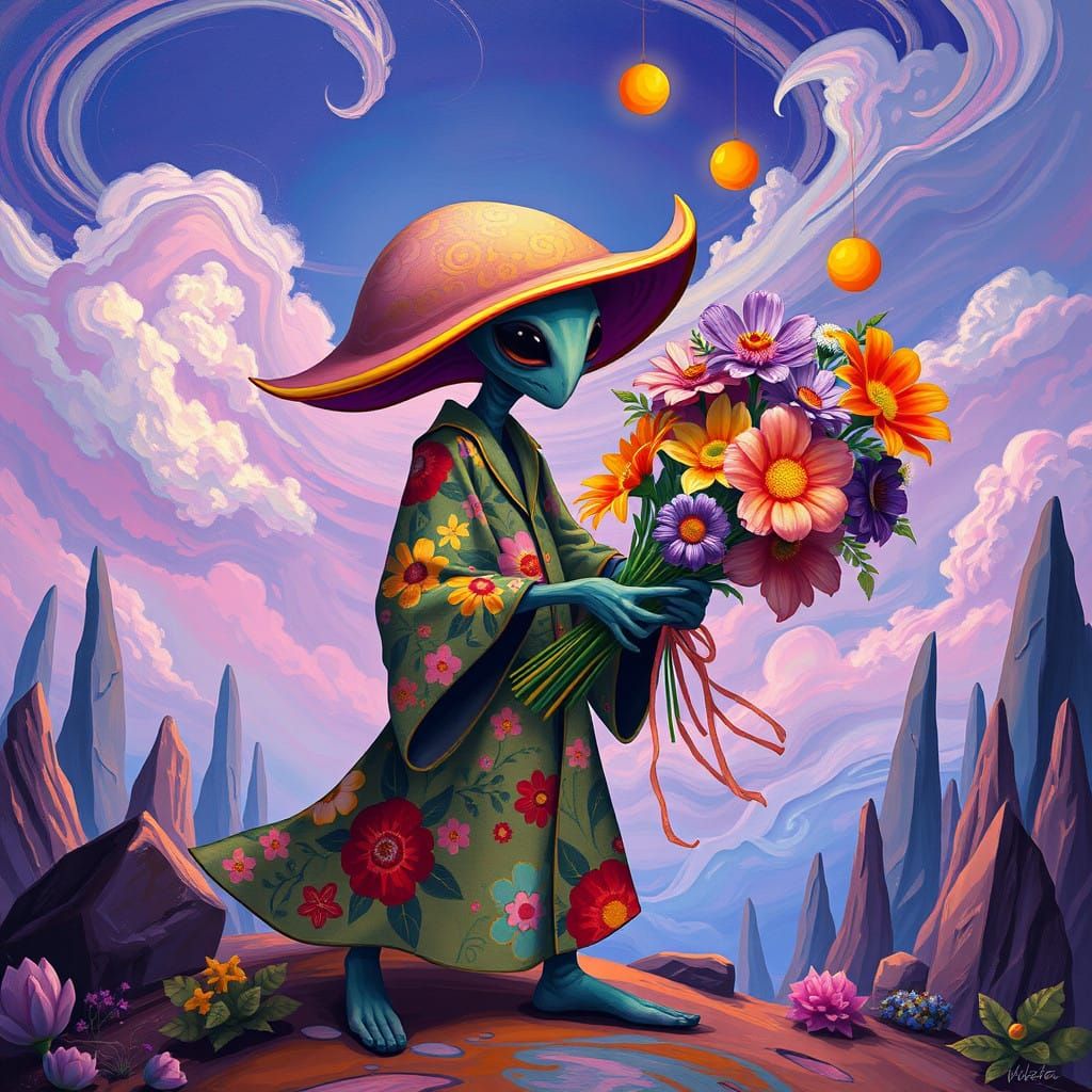 Fauvist Alien Florist in a Gravity-Defying Landscape