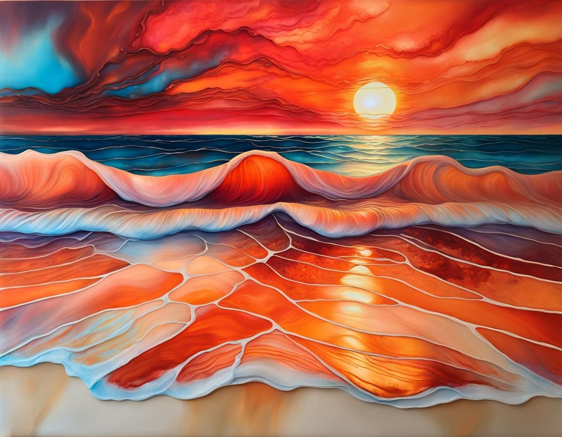 Encaustic paint texture and alcohol ink flow art capturing a sandy shoreline at dusk. Beautiful orange/red sunset. Atmos...