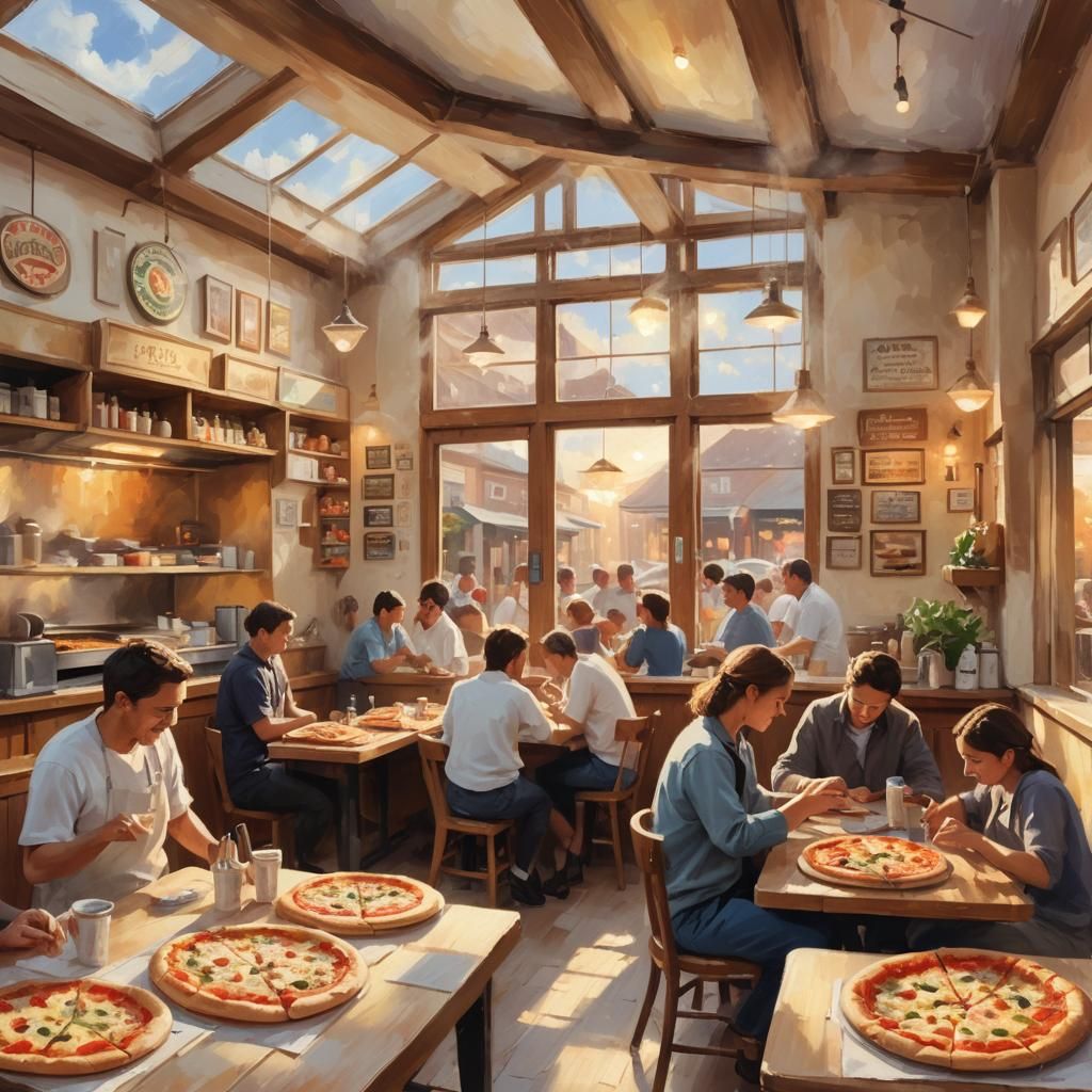 Cozy Pizza Shop: Ethereal Oil Painting in Digital Art